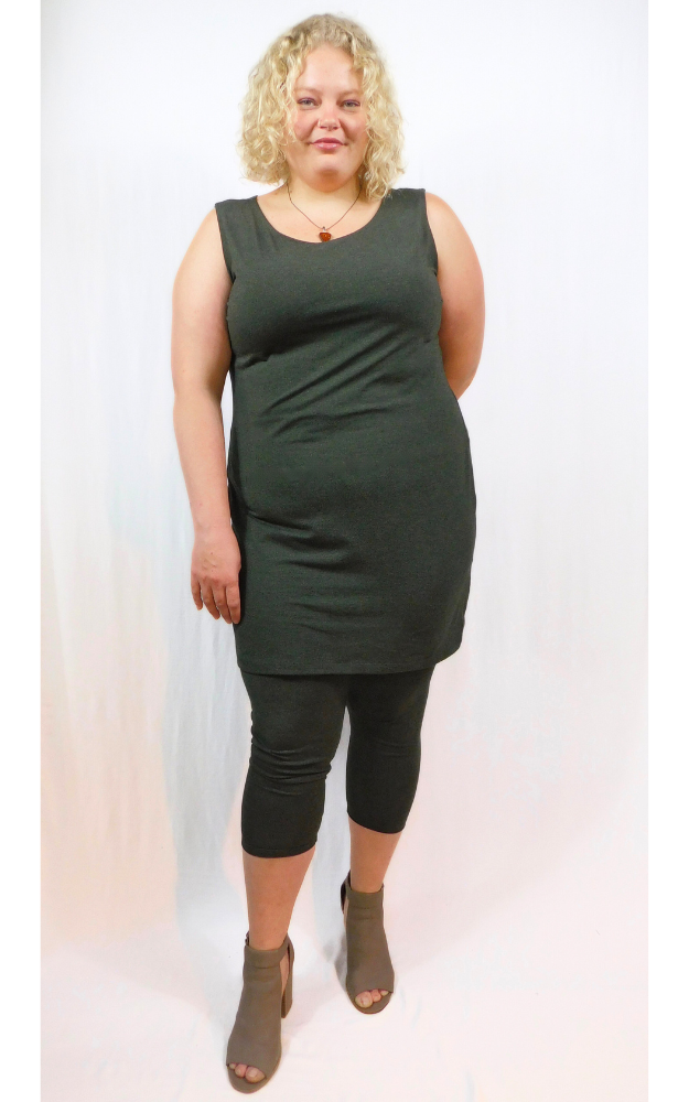 Bamboo Long Crew Slim Tunic Dress - Forest Green - 3XL