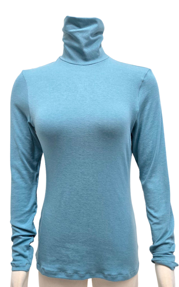 A light blue long-sleeve turtleneck sweater displayed on a mannequin against a plain white background.