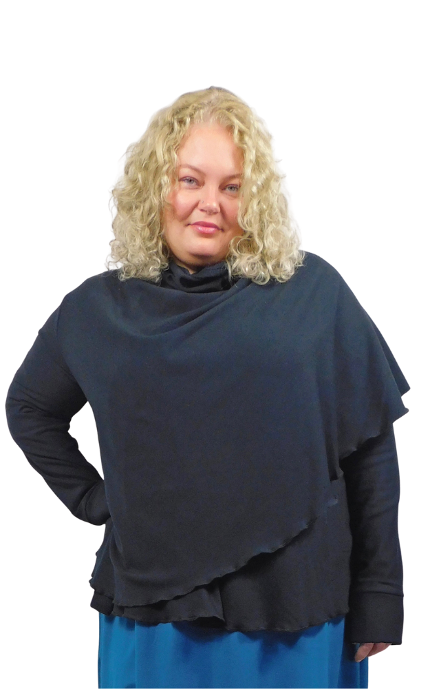 Woman wearing a black wrap fleece top with a white background