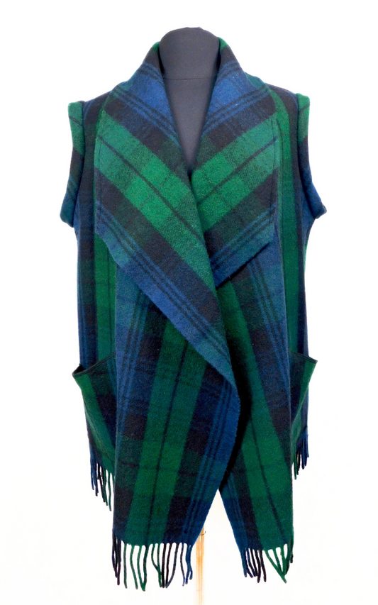 Blue, Green & Black Tartan vest with fringe and pockets on a dummy with a white backbround.