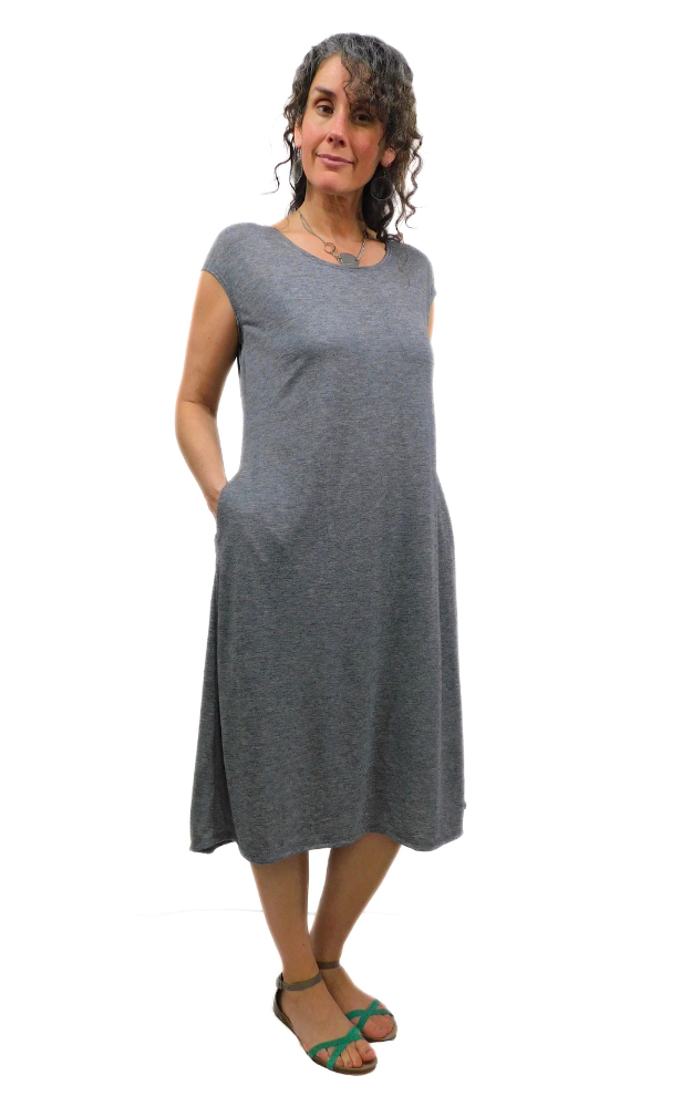 Merino Wool Cap Sleeve LONG Tunic Dress w/pockets - Charcoal