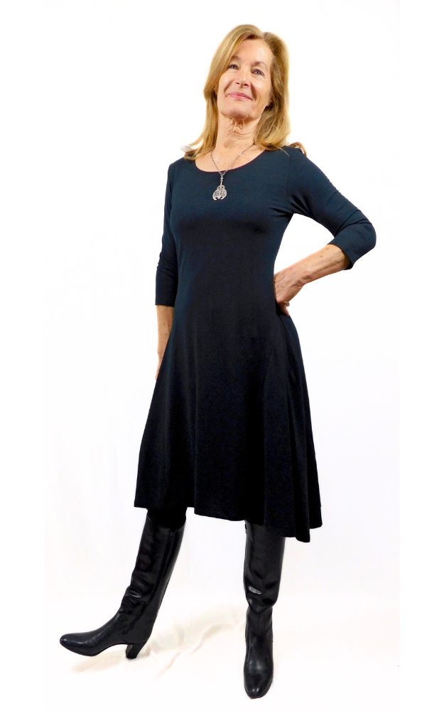 Bamboo Cotton Fitted Tank Dress 3/4 Sleeve Black or Navy