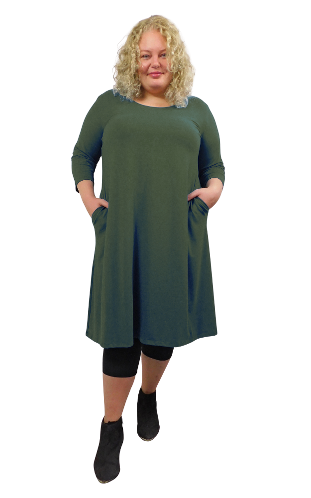 Bamboo/Cotton 3/4 Sleeve Long Tunic Dress w Pockets -Forest Green