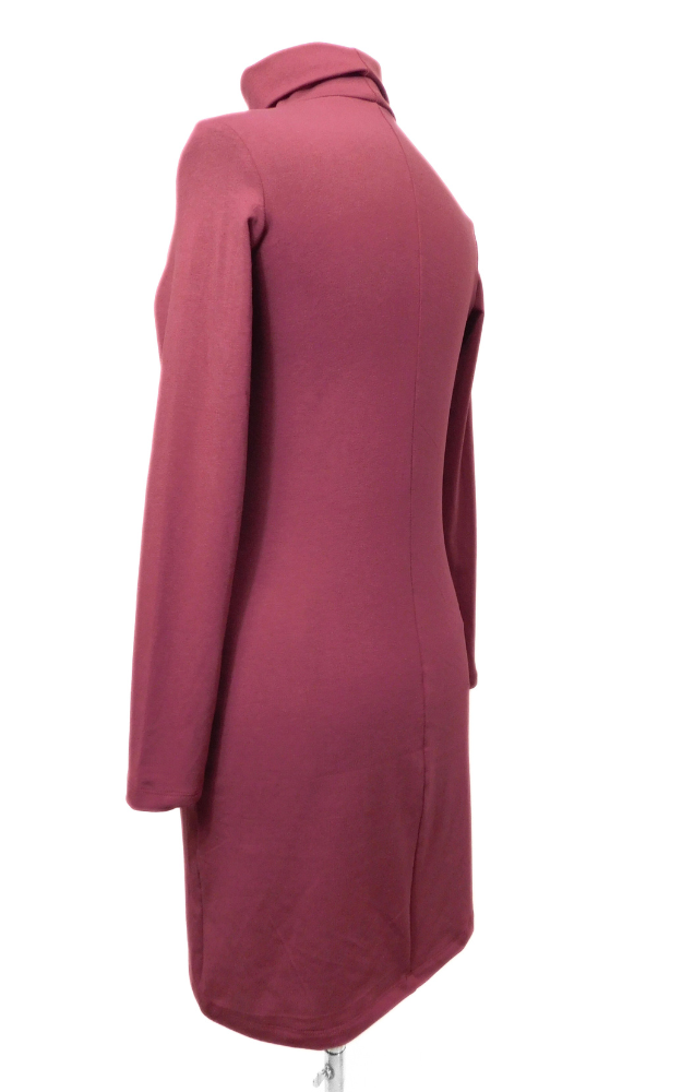 Wine colored turtle neck long sleeve slim dress back view worn on manequin