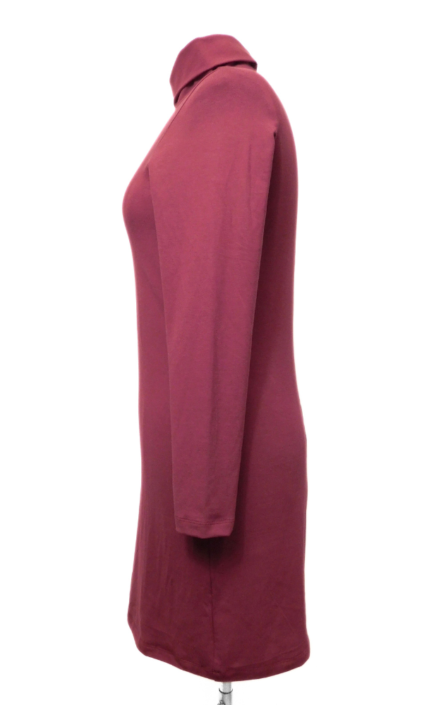 Wine colored turtle neck long sleeve dress side view worn on manequin