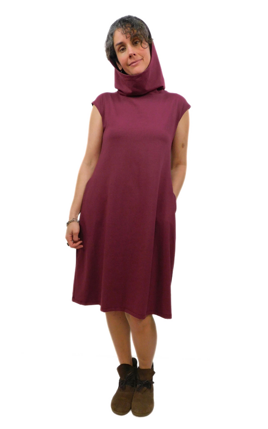 Hemp Organic Cotton Cap Sleeve Hooded LONG Tunic Dress - Heretic Wine