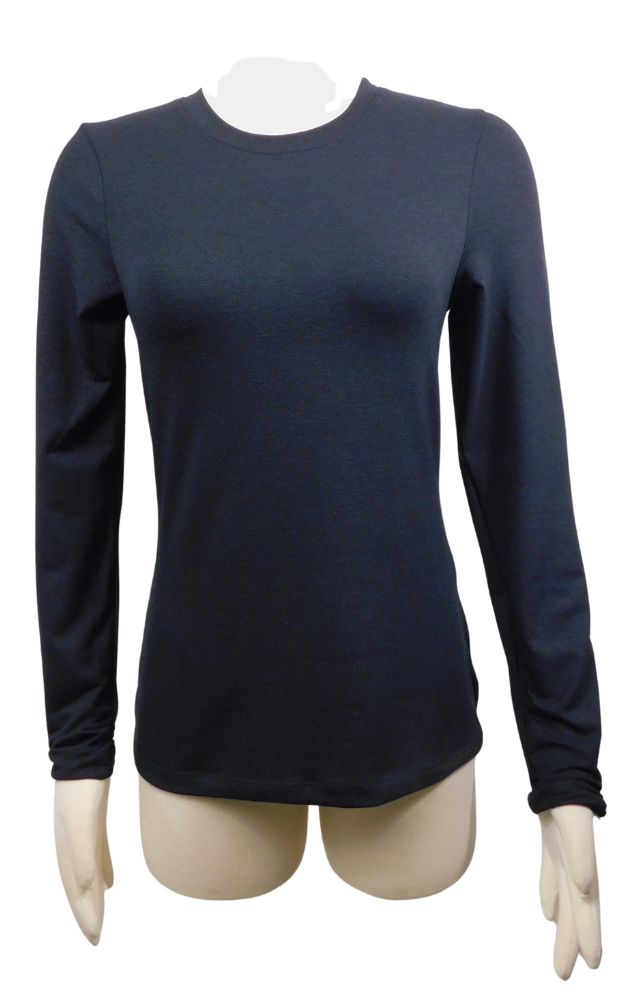 A black long-sleeve crewneck top displayed on a beige mannequin torso against a plain white background.