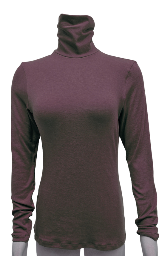 A women's long-sleeve turtleneck top in a muted plum-brown color, displayed on a mannequin against a plain white background.