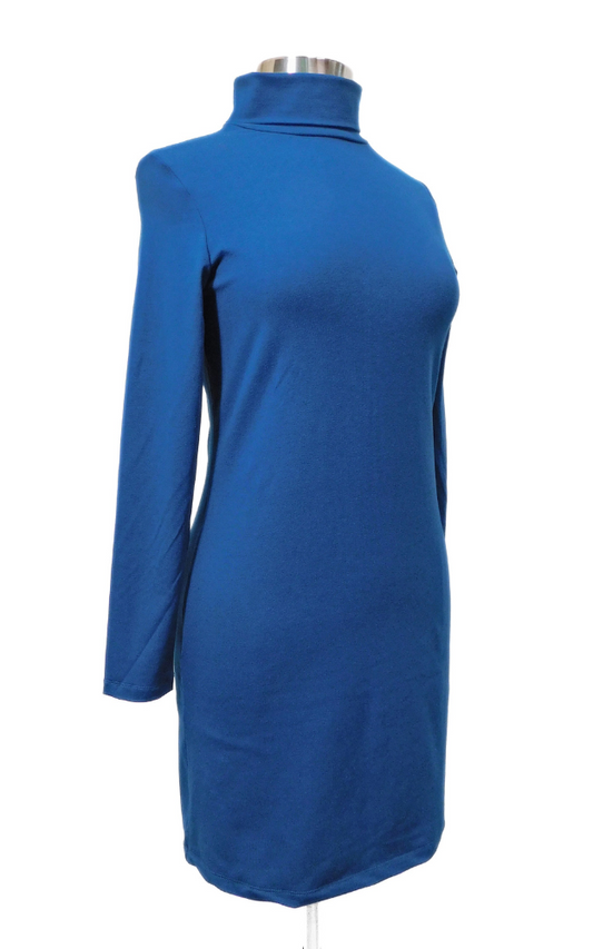 Long sleeve turtle neck slim dress on manequin against white background