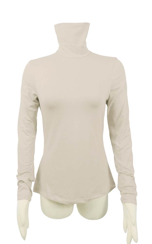 A light beige long-sleeve turtleneck top displayed on a cream-colored mannequin torso against a plain white background.