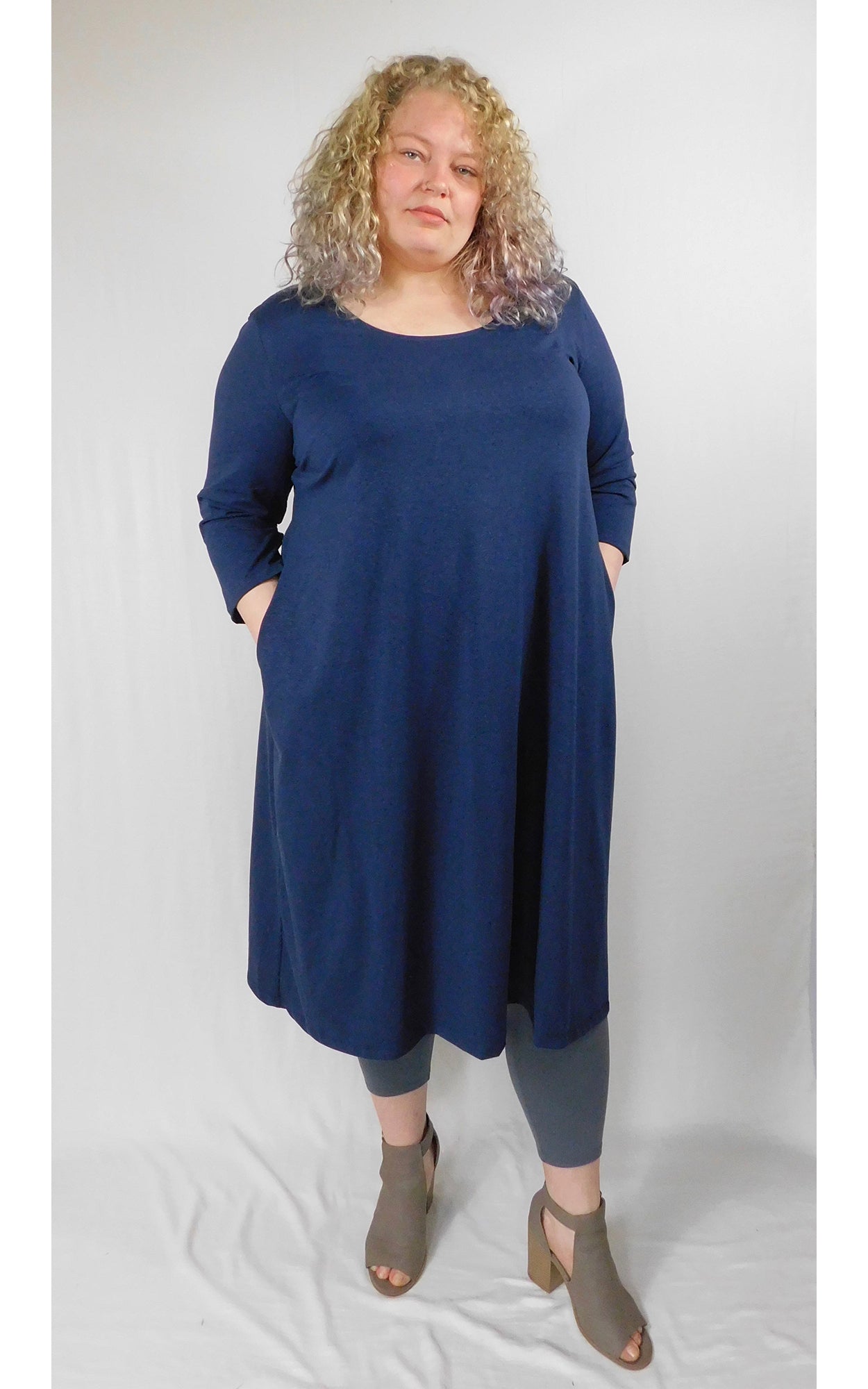 Hemp Organic Cotton 3/4 Sleeve Long Tunic Dress w Pockets - Navy