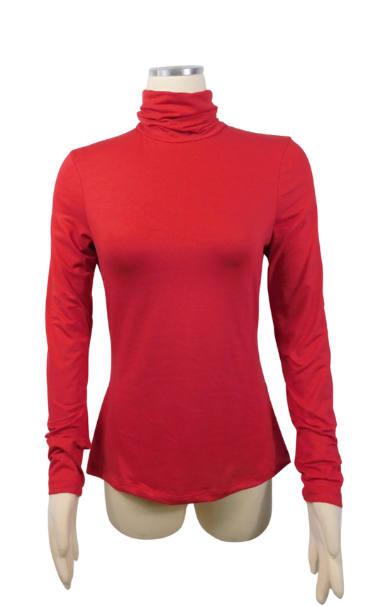 A bright red long-sleeve turtleneck top displayed on a beige mannequin torso against a plain white background.