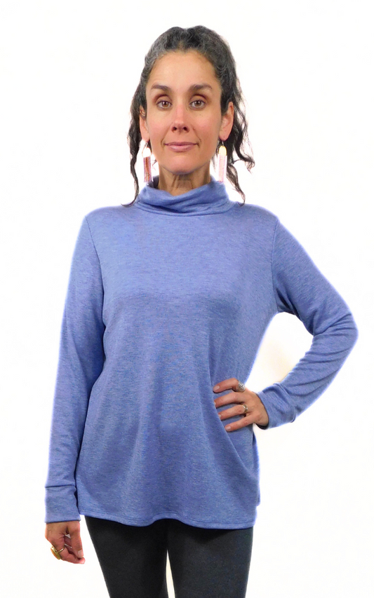 Merino Wool Cowl Roll Neck Sweater - Heather Blue