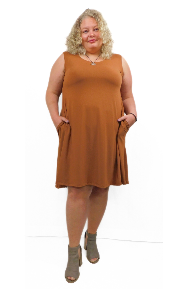 Sleeveless LONG Dress w/pockets -PLUS - Toffee