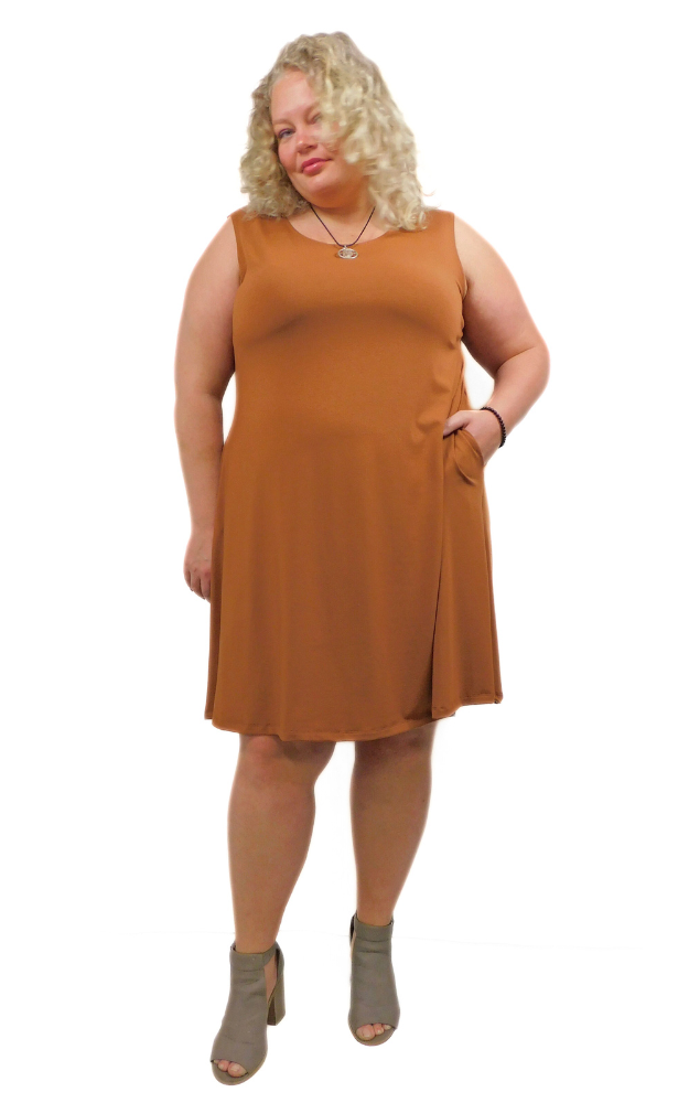 Sleeveless LONG Dress w/pockets -PLUS - Toffee