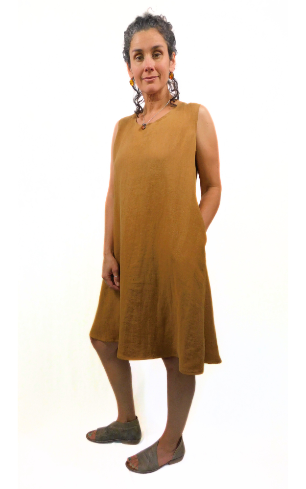 100% LINEN Long Sleeveless Dress w Pockets - Caramel 3XL