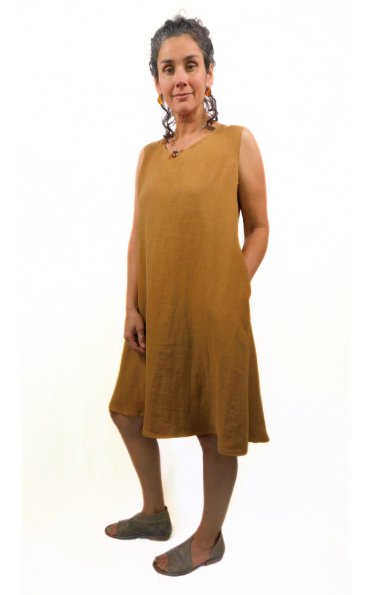 100% LINEN Long Sleeveless Dress w Pockets - Caramel 3XL