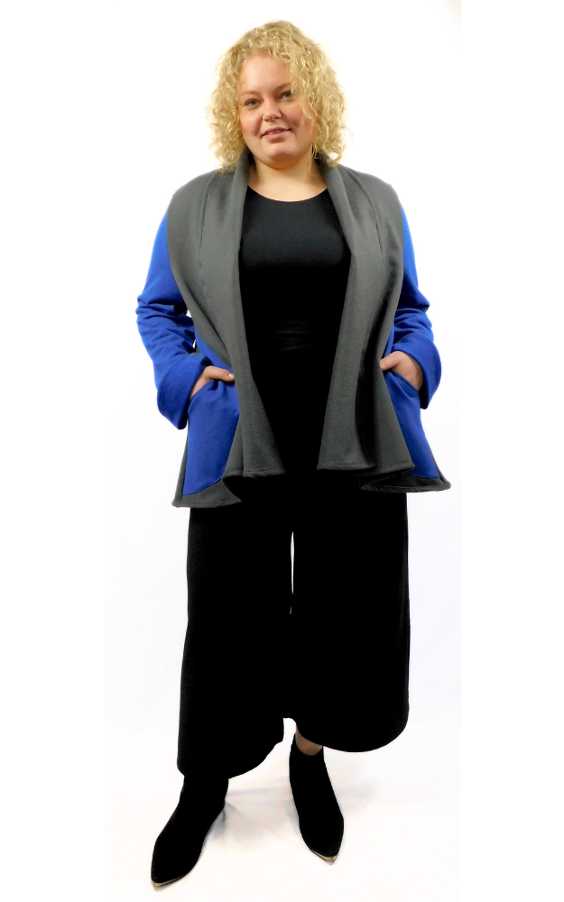 Bamboo Fleece Long Swing Jacket w/pockets Plus - L/XL, 2XL/3XL - Grey / Grey/wBlue