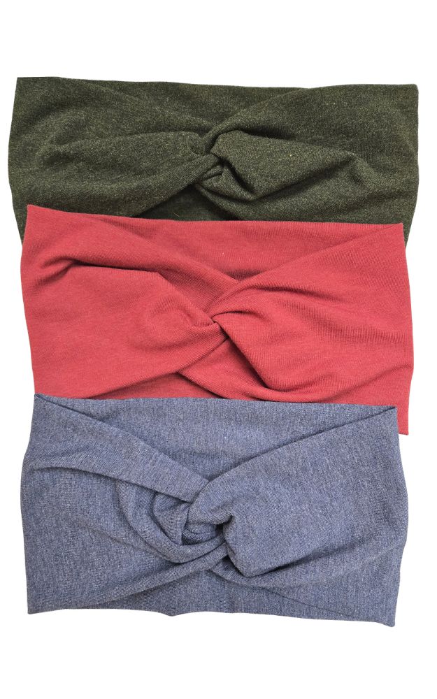 fabric headbands folded three colours - green, wine and blue