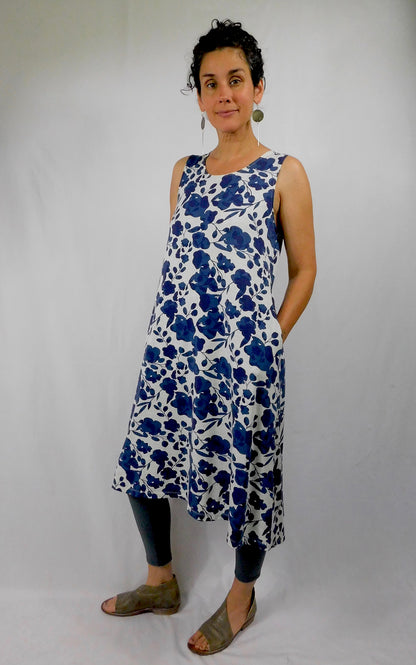 Bamboo Print Sleeveless Long Tunic Dress w Pockets