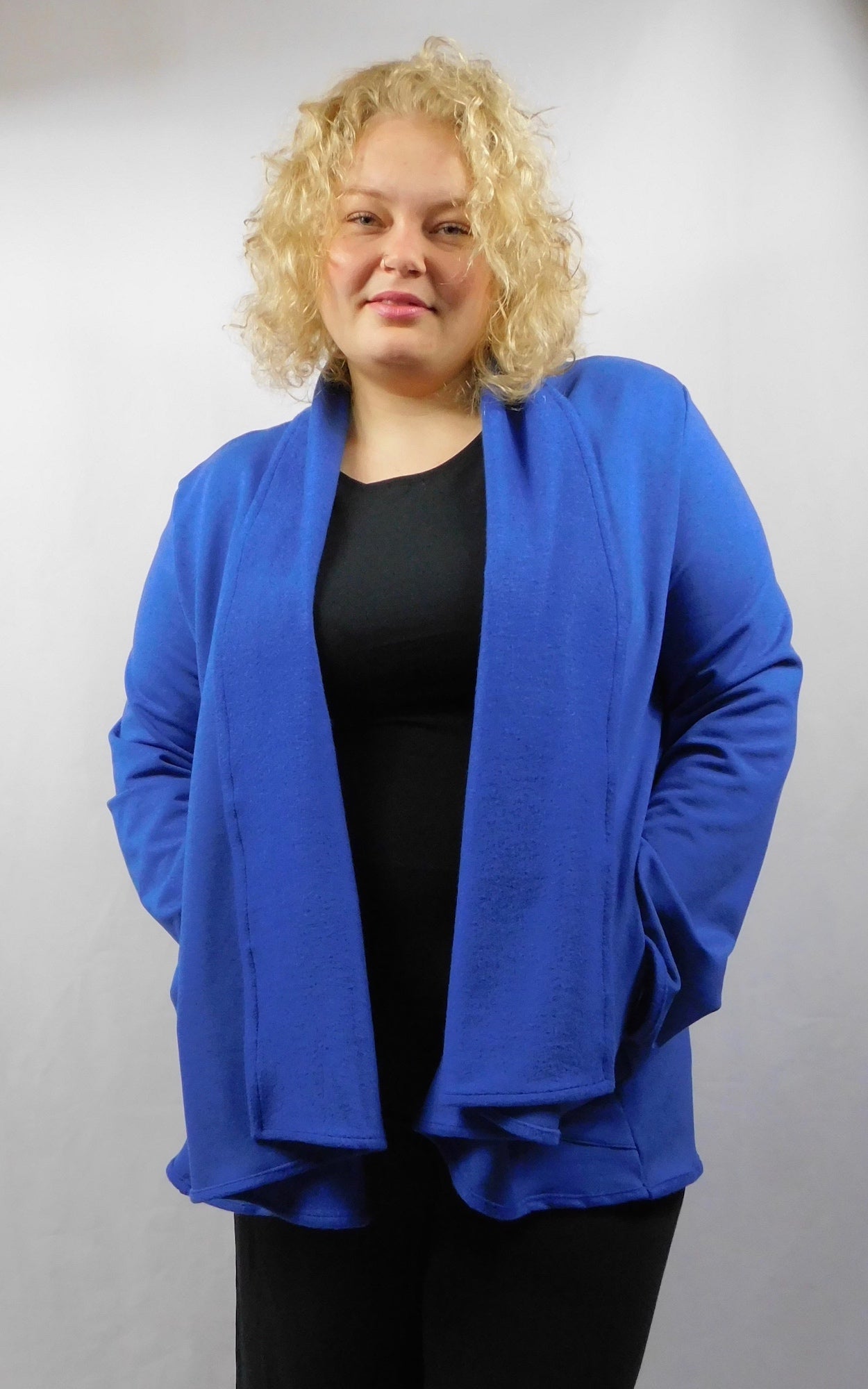 Bamboo Fleece Long Swing Jacket w/pockets Plus - L/XL, 2XL/3XL - Grey / Grey/wBlue