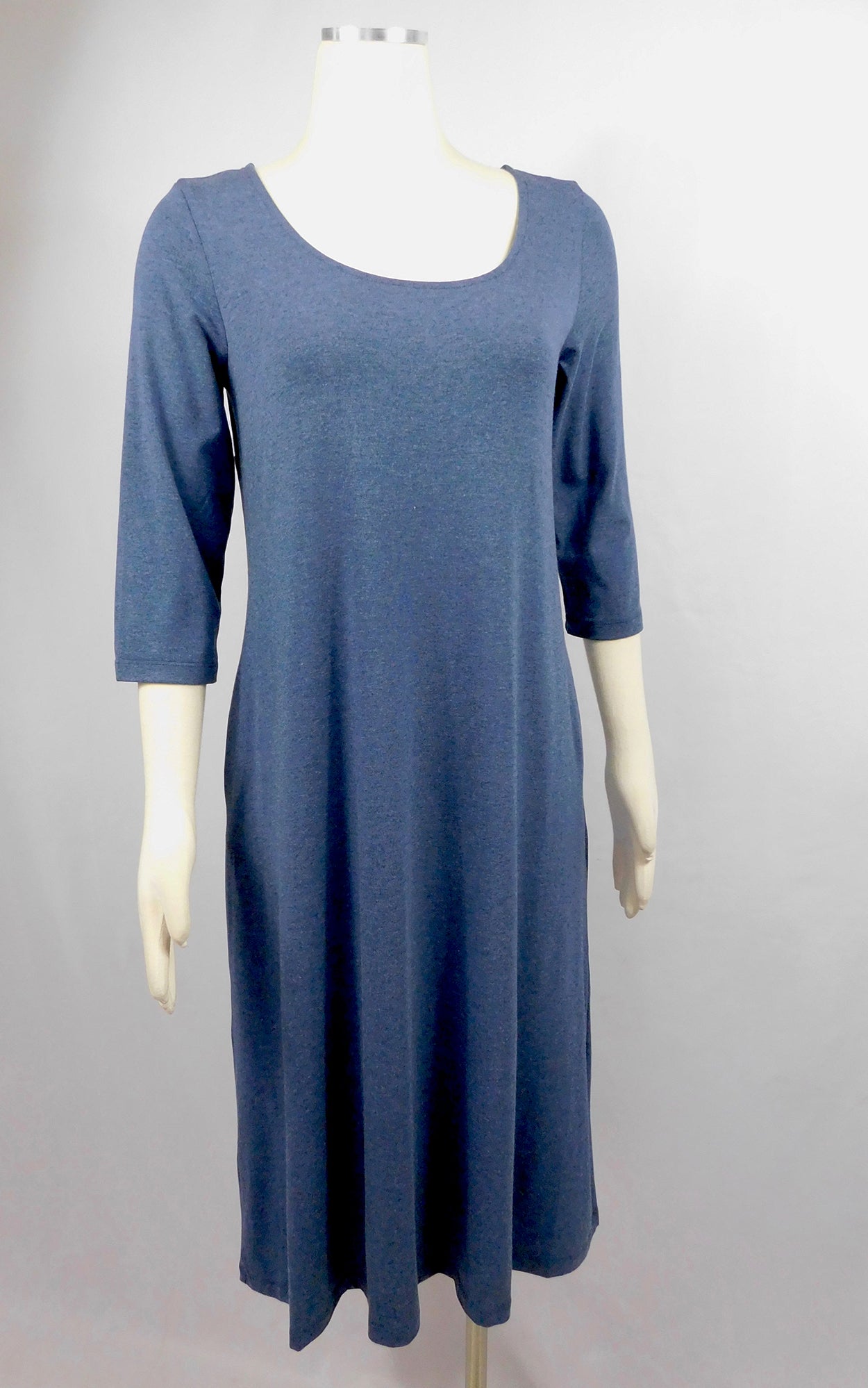 Bamboo Cotton 3/4 Sleeve Long Tunic Dress w Pockets - Heather Lake Blue