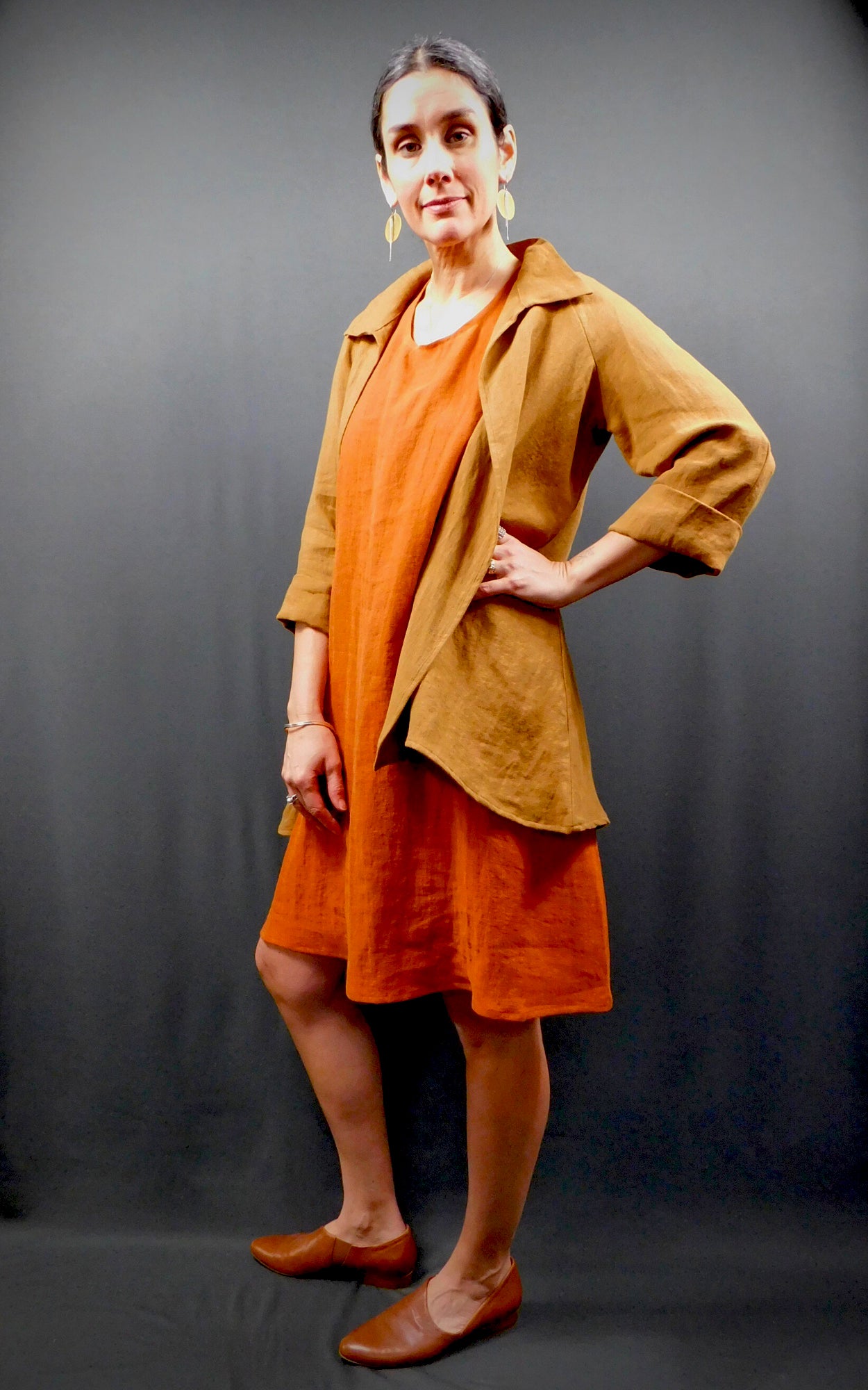 100% Linen Colour Cognac (Orange) Sleeveless Dress with pockets worn under 100% Linen Raglan Sleeve Shirt Jacket Colour Caramel