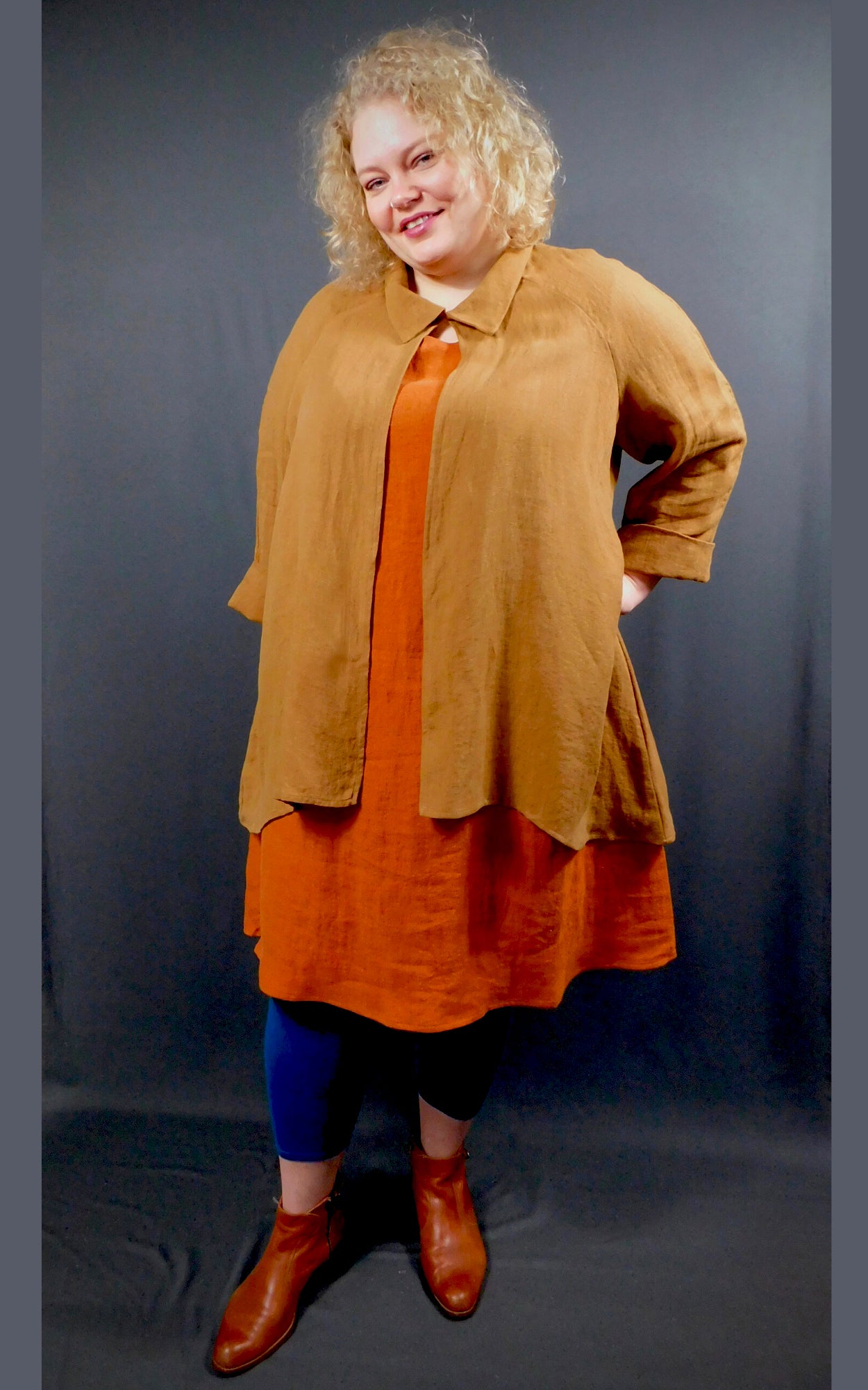 100% Linen Colour Cognac (Orange)  Sleeveless Dress with pockets worn under 100% Linen Raglan Sleeve Shirt Jacket Colour Caramel