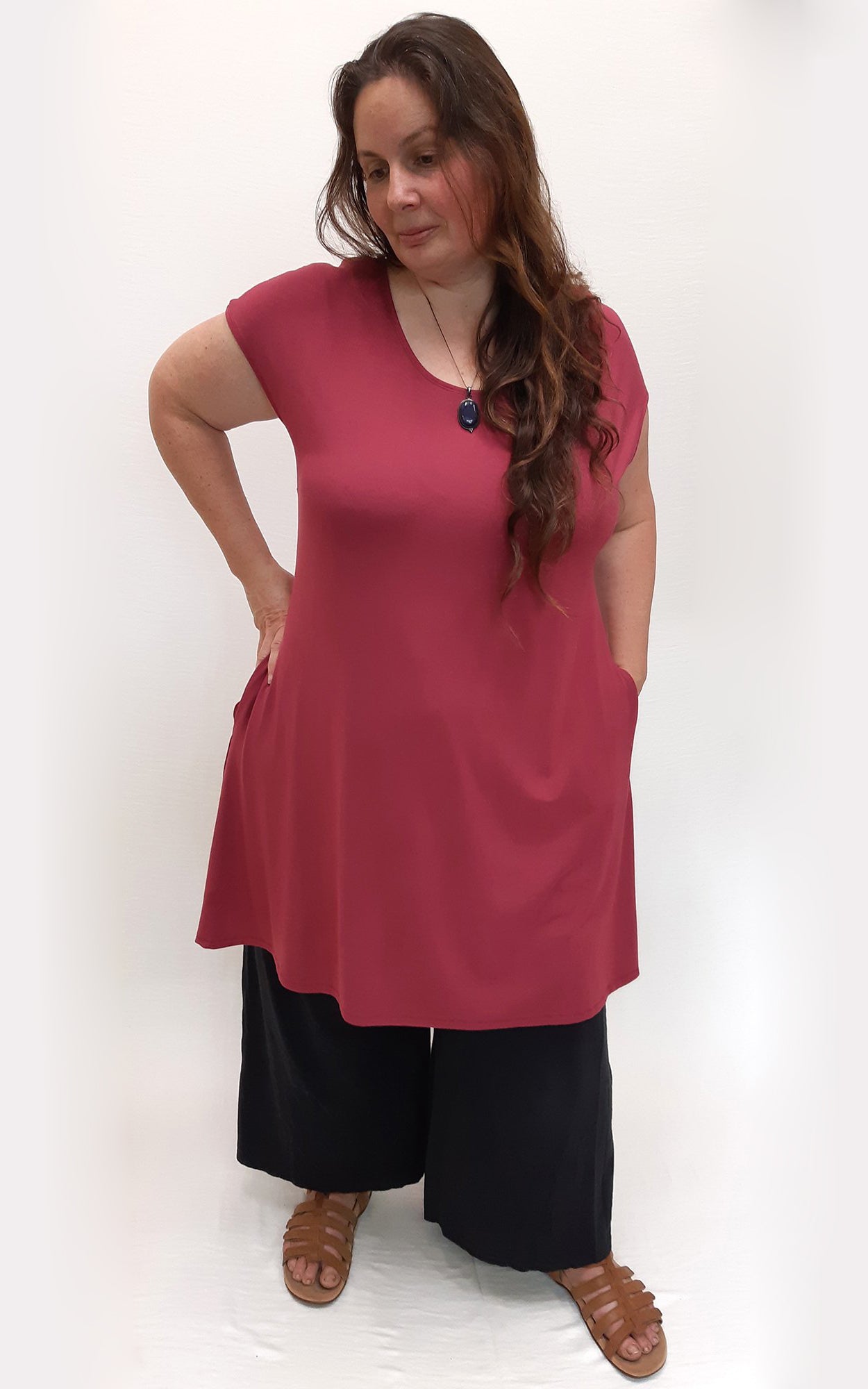 Bamboo Cap Sleeve Tunic w/Pockets Wine XXXL