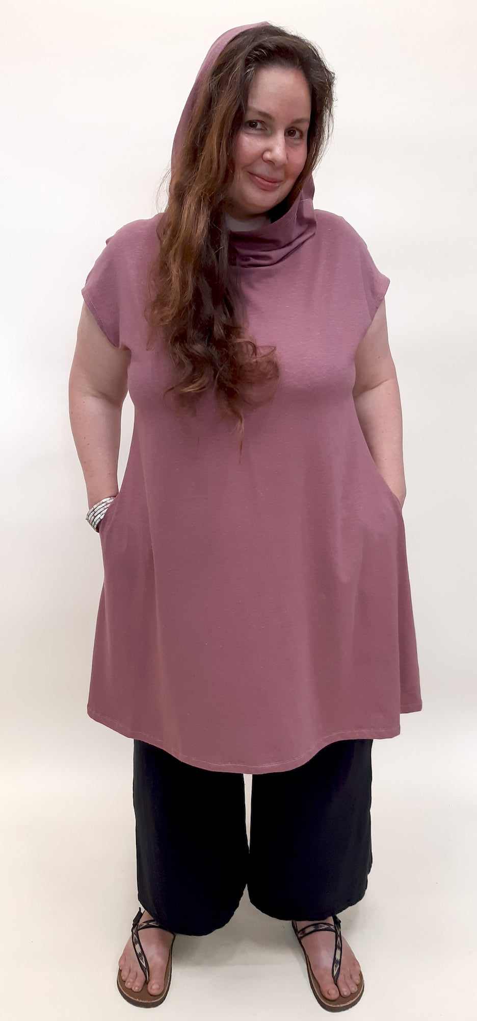 Hemp Organic Cotton Cap Sleeve Hooded Tunic ROSE BROWN