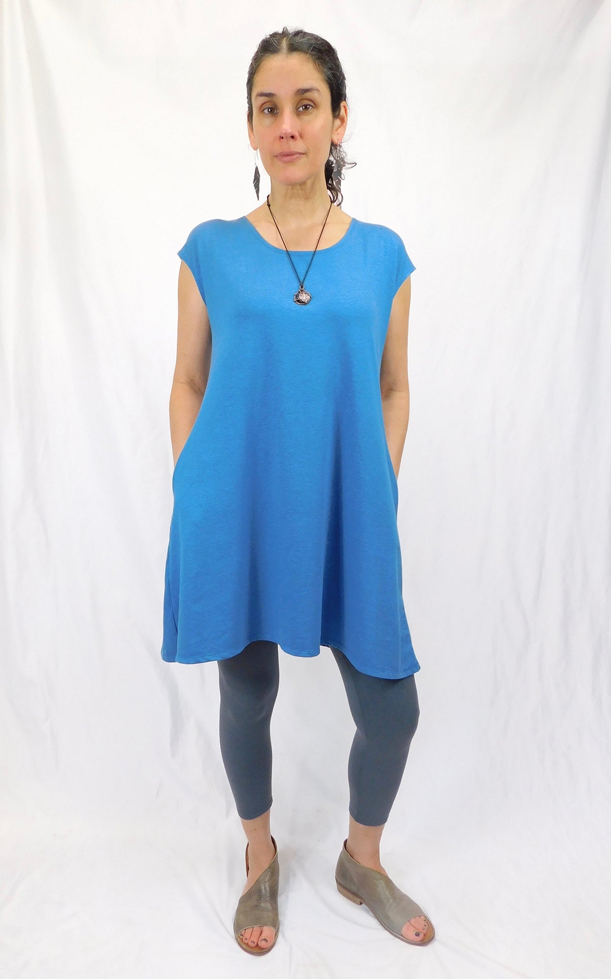 Hemp Organic Cotton Cap Sleeve Tunic w/Pockets Stellar Blue