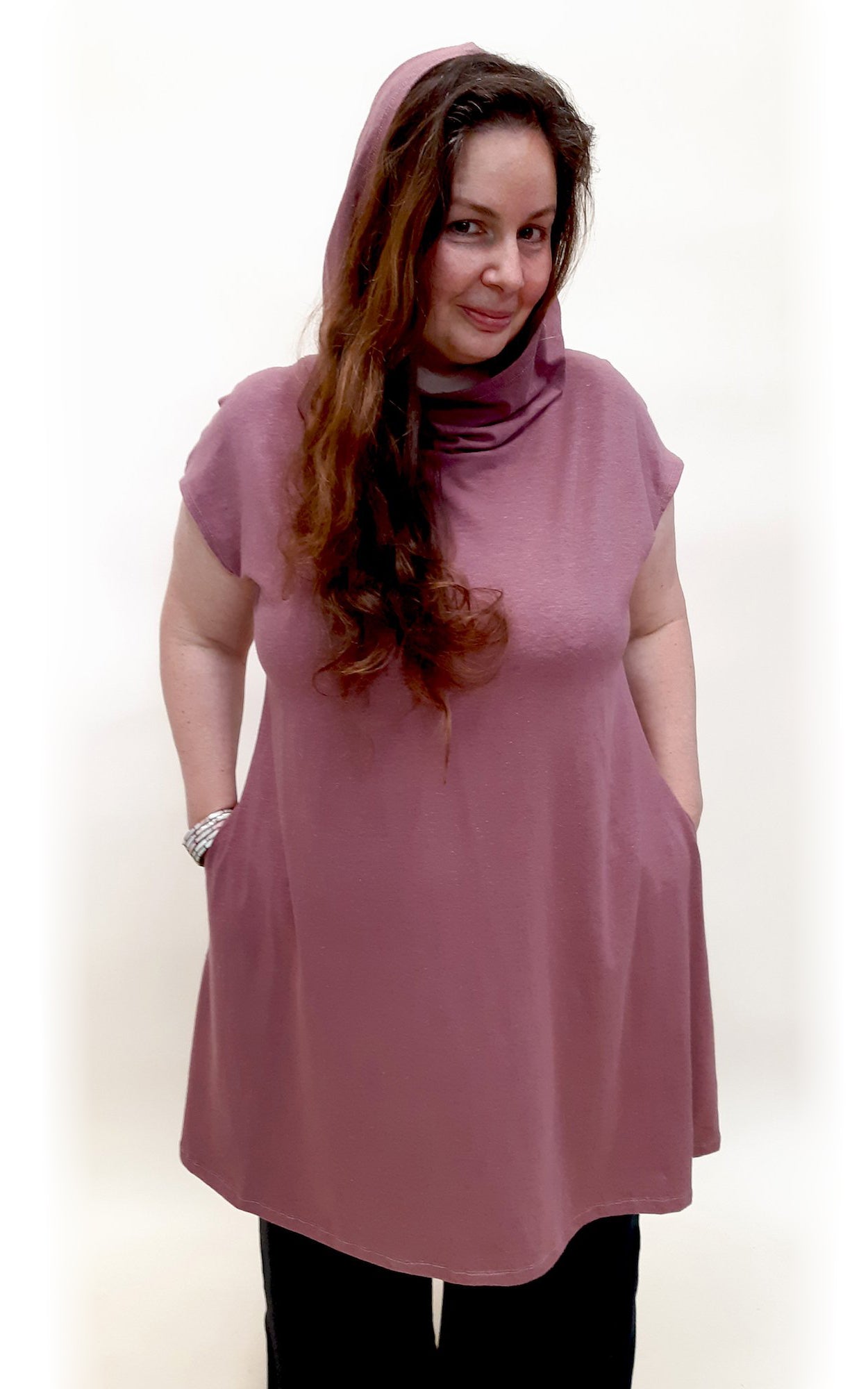 Hemp Organic Cotton Cap Sleeve Hooded Tunic ROSE BROWN