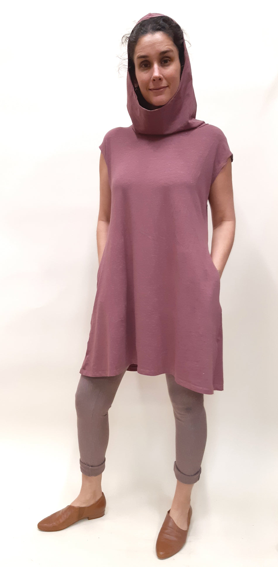 Hemp Organic Cotton Cap Sleeve Hooded Tunic ROSE BROWN