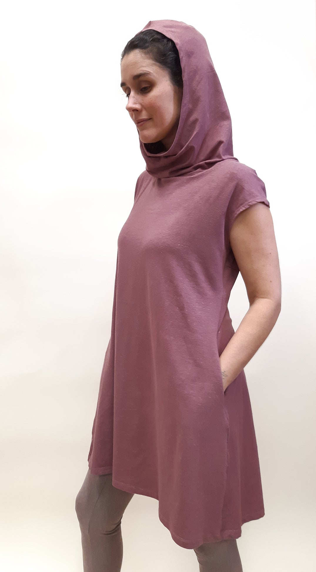 Hemp Organic Cotton Cap Sleeve Hooded Tunic ROSE BROWN