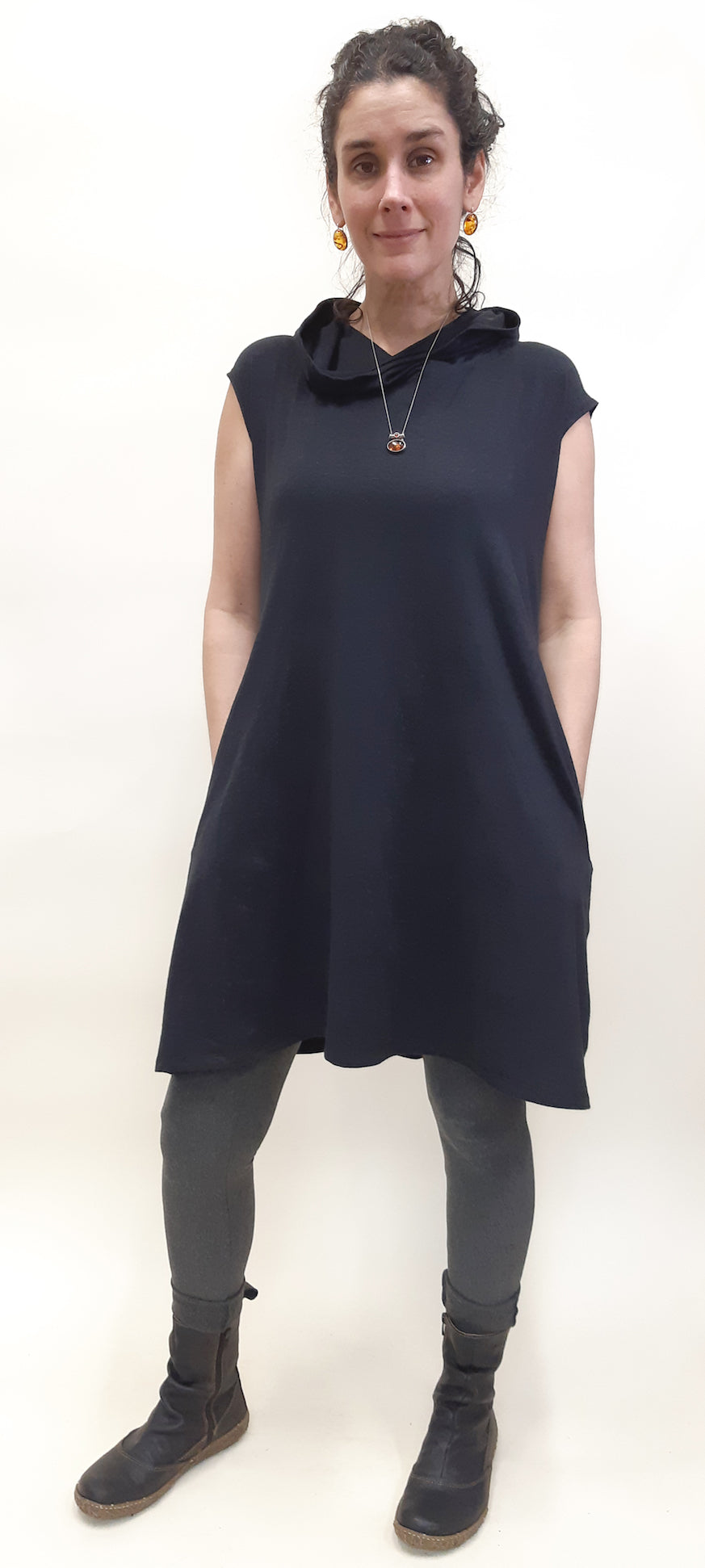 Hemp Organic Cotton Cap Sleeve Hooded Tunic BLACK
