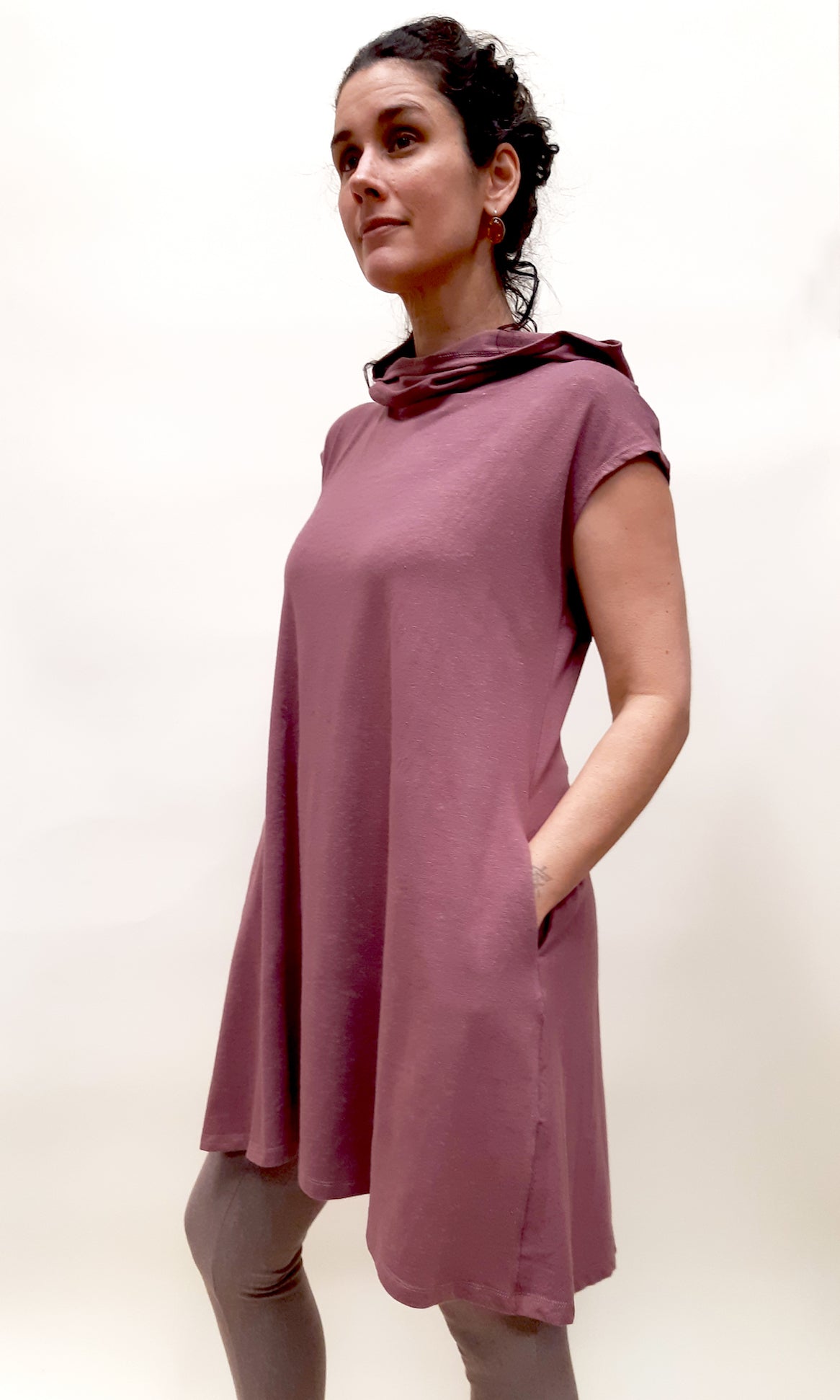 Hemp Organic Cotton Cap Sleeve Hooded Tunic ROSE BROWN