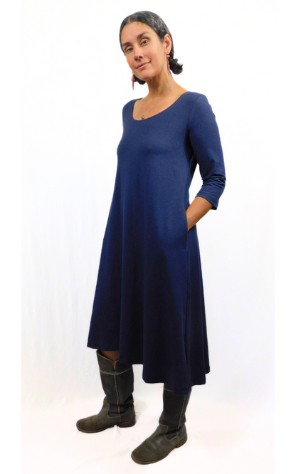 Hemp Organic Cotton 3/4 Sleeve Long Tunic Dress w Pockets - Navy