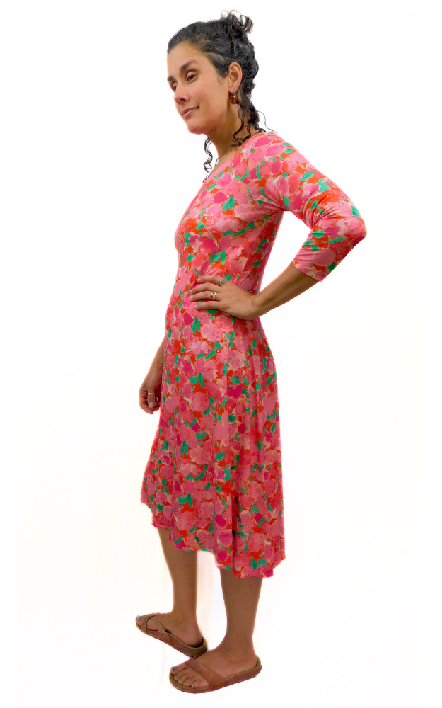 Viscose Semi Fitted Dress 3/4 Sleeve Dress - Rose Print