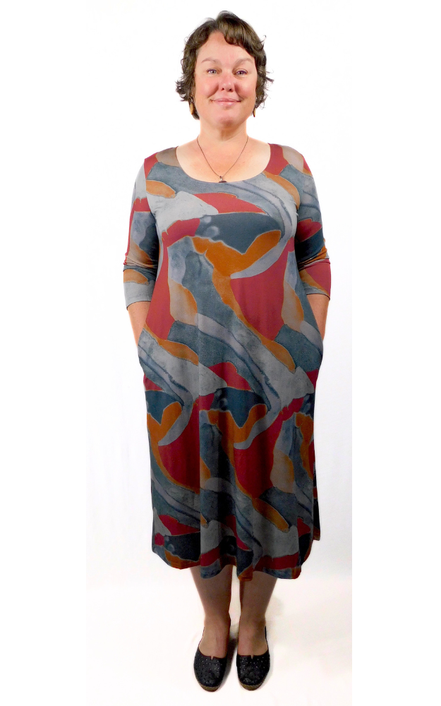 Viscose Print 3/4 Sleeve Long Tunic Dress w Pockets - Fall Print