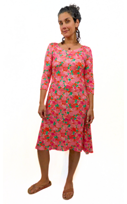 Viscose Semi Fitted Dress 3/4 Sleeve Dress - Rose Print