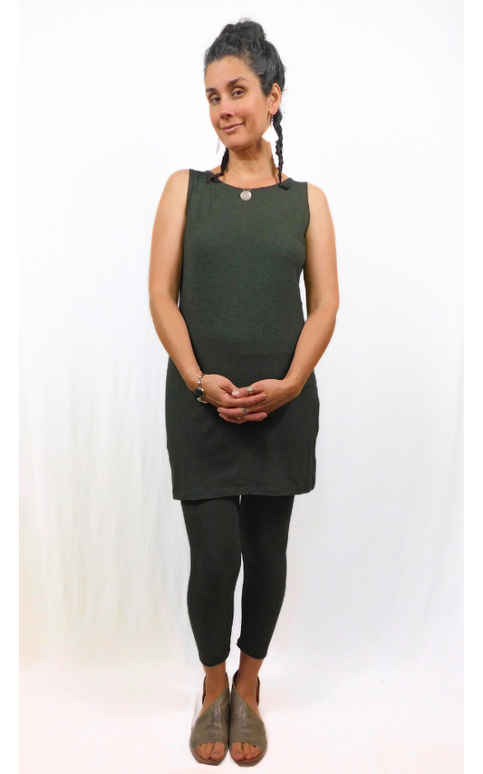 Bamboo Long Crew Slim Tunic Dress - Forest Green