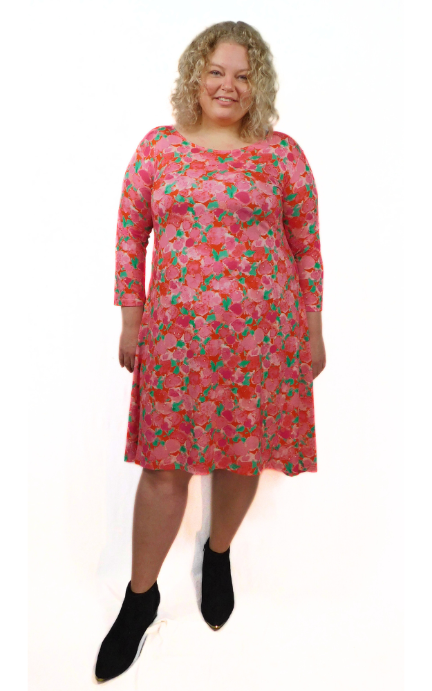 Viscose Semi Fitted Dress 3/4 Sleeve Dress - Rose Print