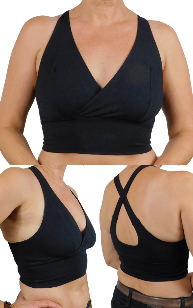 Black sports bra shown from front, side, and back on a white background