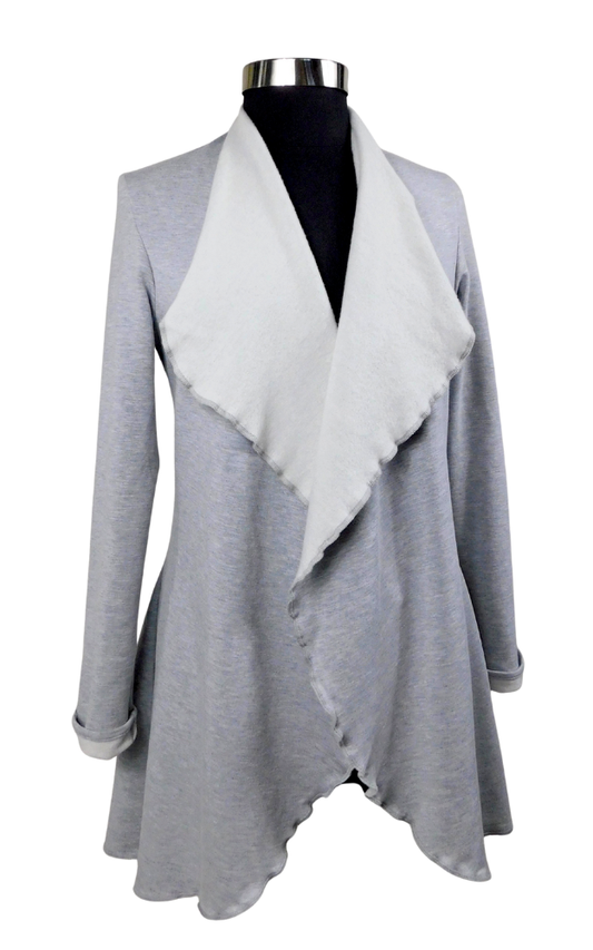 Gray fleece cardigan with white lapel on a mannequin against a white background