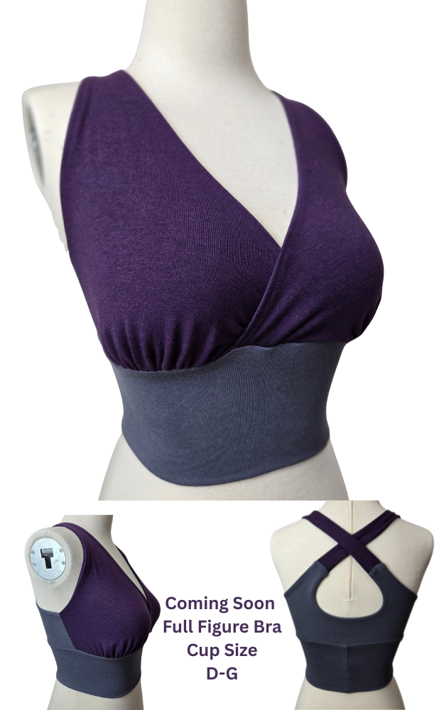 Purple and gray full figure bra on a mannequin with 'Coming Soon' text.
