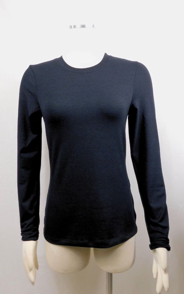 A black long-sleeve crewneck top displayed on a cream-colored mannequin torso against a plain white background.