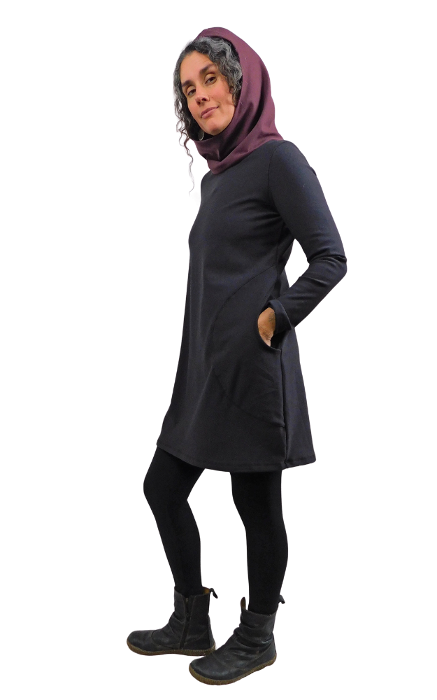 Person wearing a black hooded dress with a maroon hood on a white background