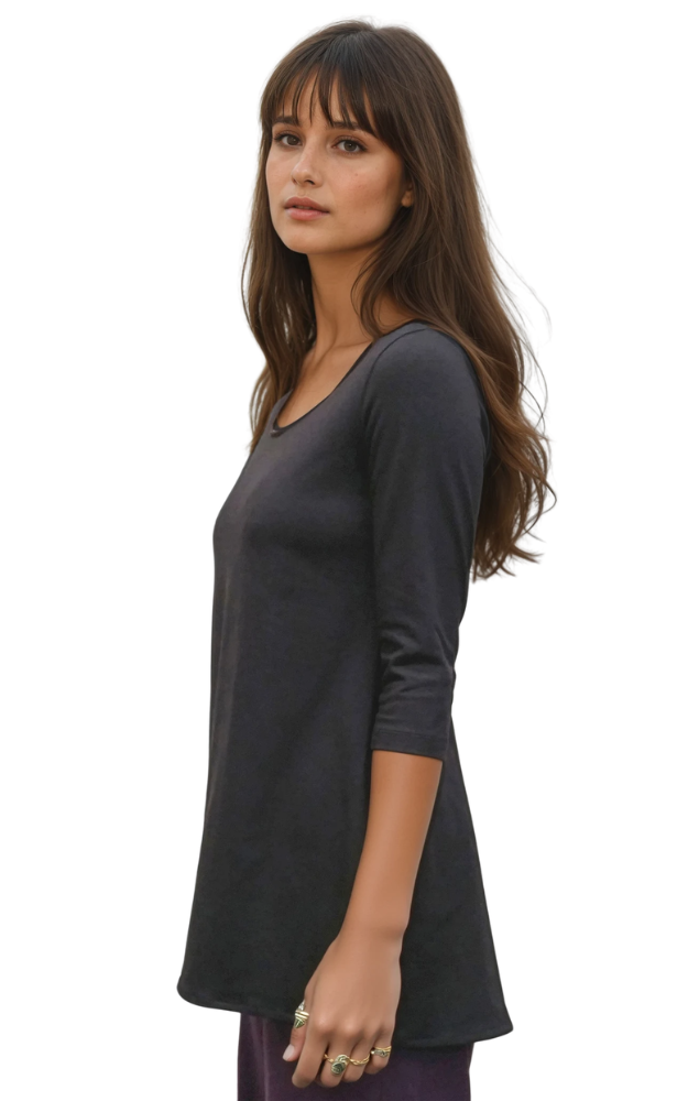 Woman wearing a black 3/4 sleeve top on a white background