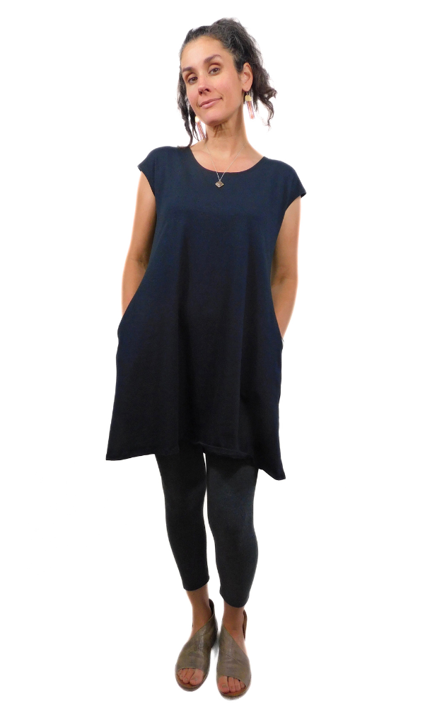 Cap Sleeve Tunic Dress w/pockets - Black Hemp