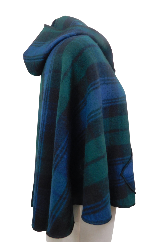 Side view of a black and green and blue tartan cape with hood worn on a dummy